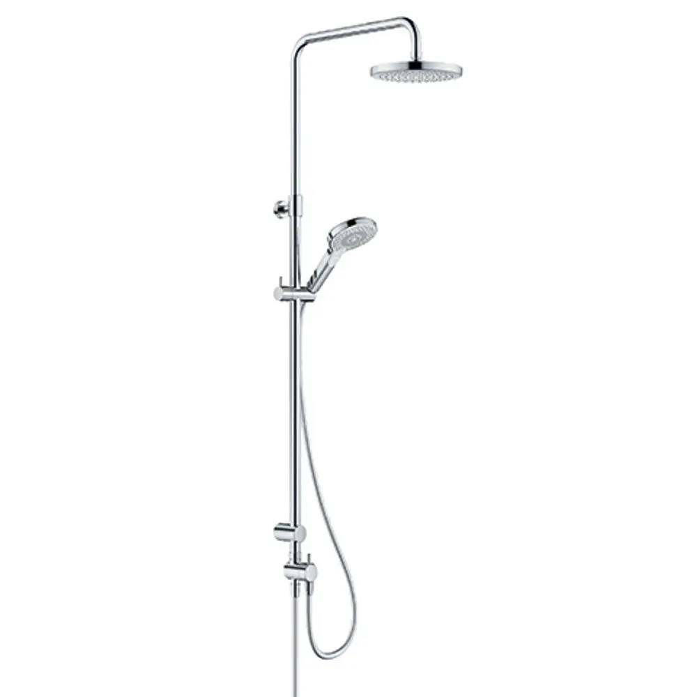 Kludi Duschsystem mit zwei Brausen, einer festen Oberbrause und einer Handbrause. Das System ist aus verchromtem Material gefertigt und an einer Wand montiert.